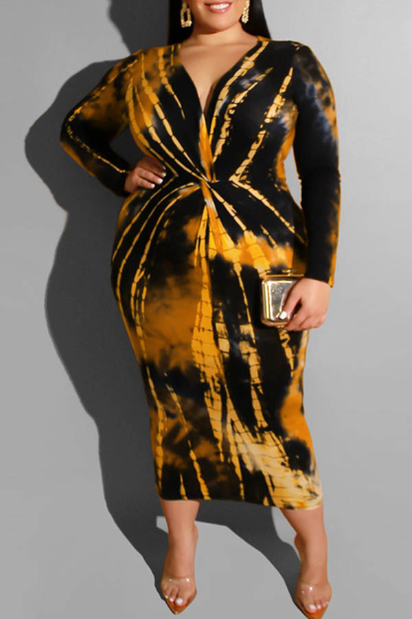 

Lovely Casual Printed Yellow Mid Calf Plus Size Dress