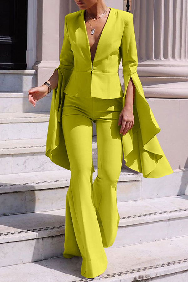 

Lovely Work Deep V Neck Olive Yellow Two-piece Pants Set