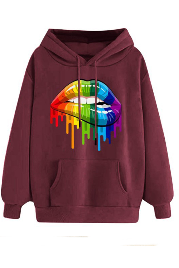

Lovely Casual Hooded Collar Lip Printed Wine Red Hoodie