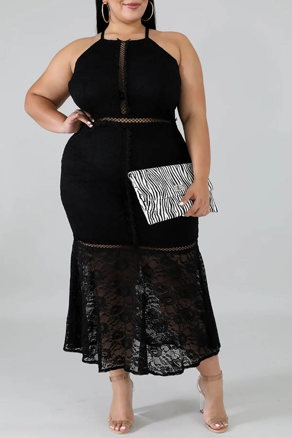 

Lovely Sexy Lace Patchwork Black Ankle Length Plus Size Dress