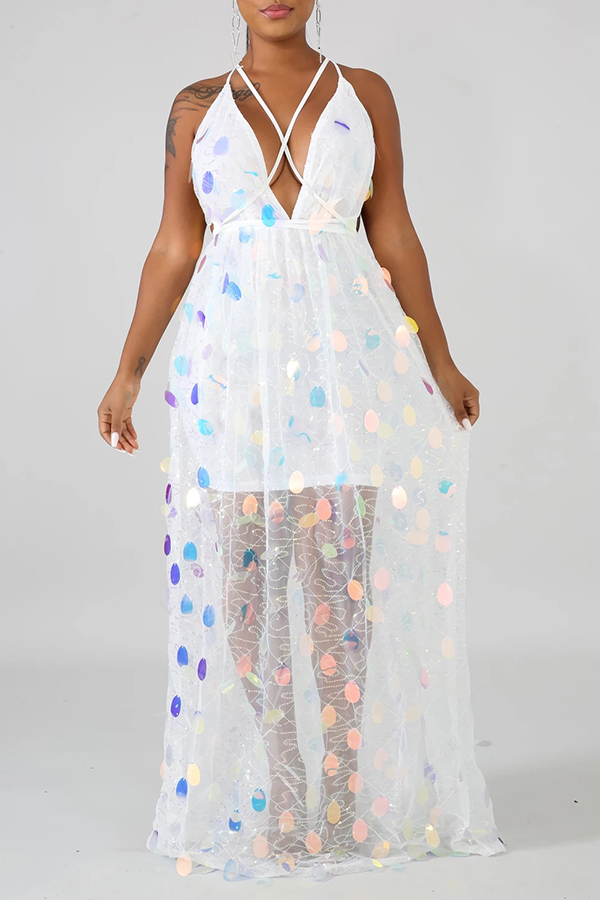 

Lovely Casual Deep V Neck Bandage Design White Floor Length Dress