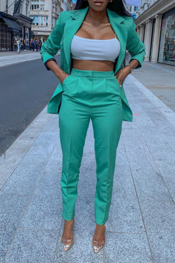 

Lovely Trendy Turndown Collar Green Two-piece Pants Set