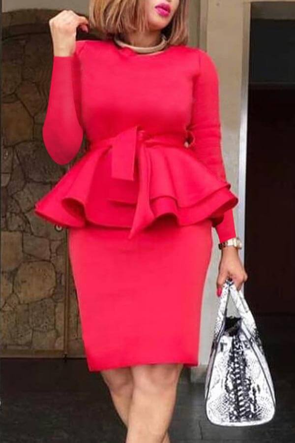 

Lovely Sweet Flounce Red Knee Length Dress