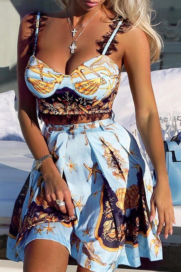 

Lovely Sweet Spaghetti Straps Printed Baby Blue Two-piece Skirt Set