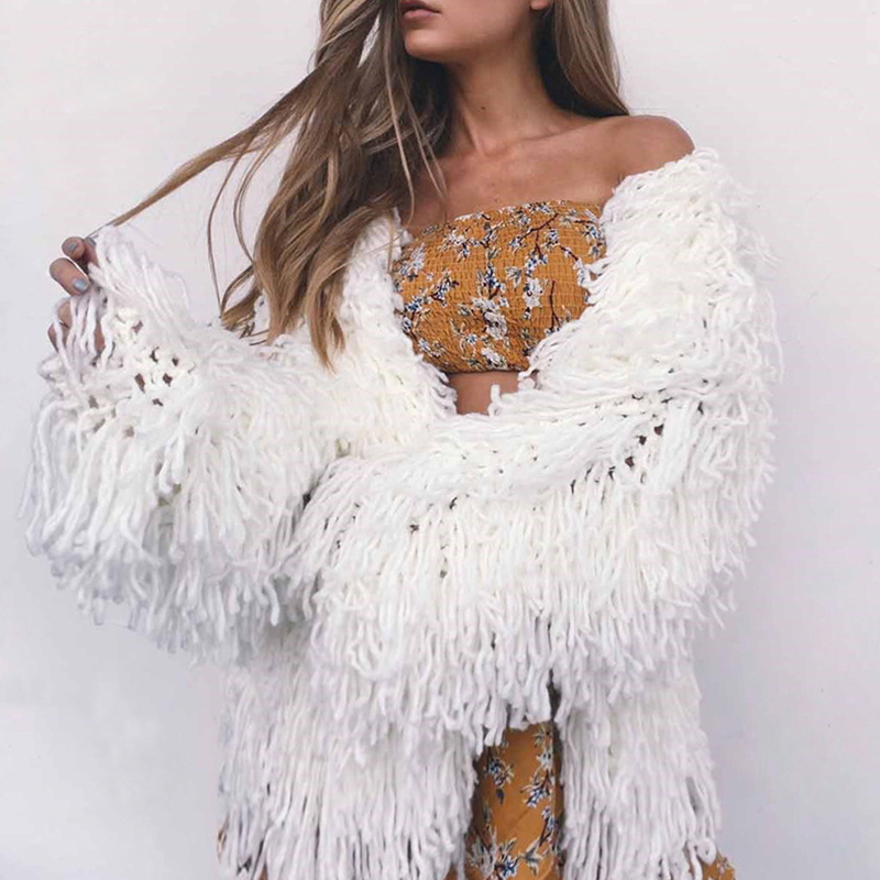 

Lovely Casual Tassel Design White Coat