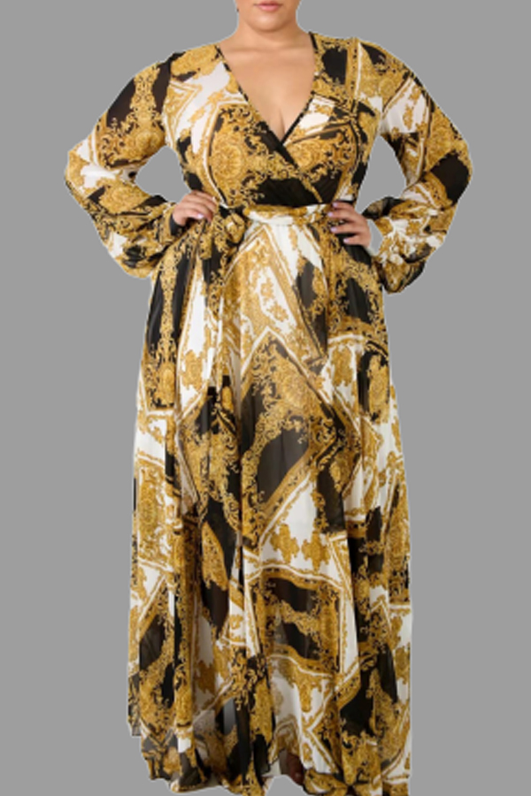 

Lovely Casual V Neck Printed Yellow Floor Length Plus Size Dress