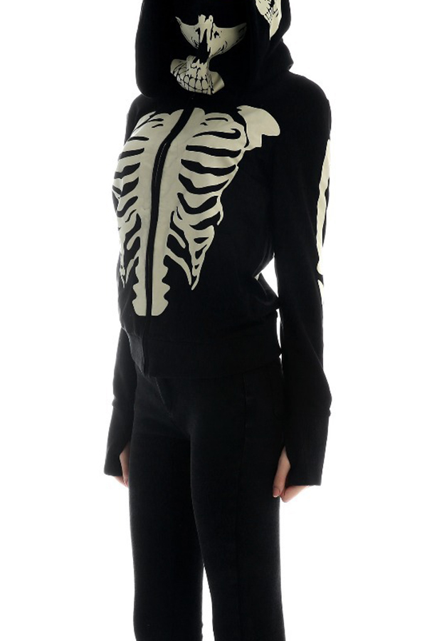 

Lovely Halloween Hooded Collar Skull Printed Black Hoodie