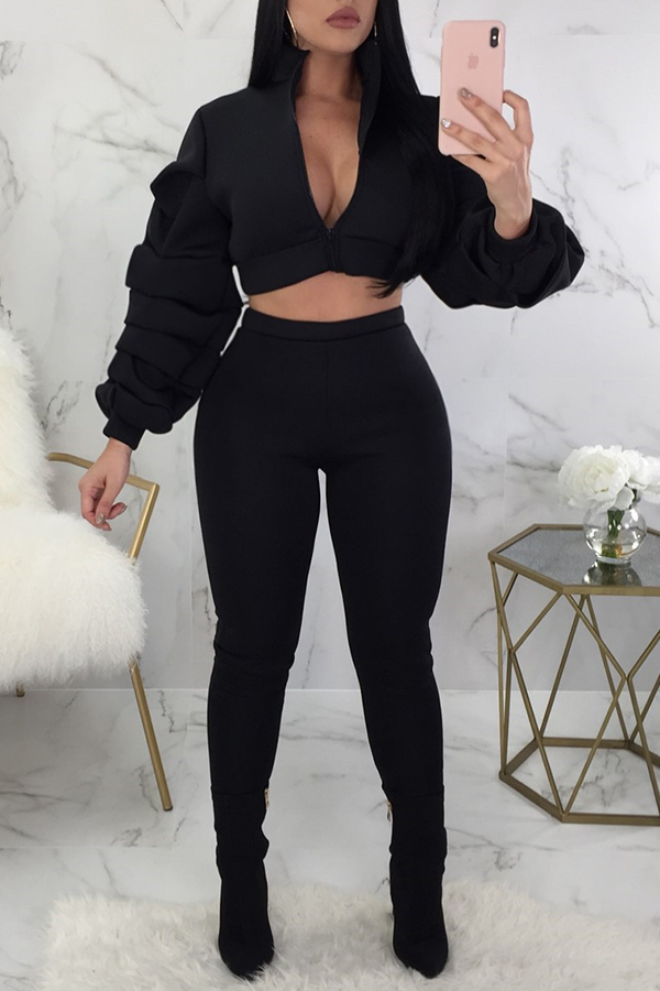 

Lovely Street Zipper Design Black Two-piece Pants Set