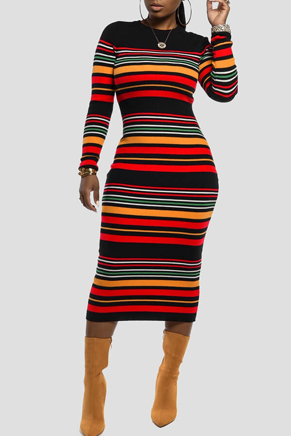 

Lovely Casual Striped Red Mid Calf Dress