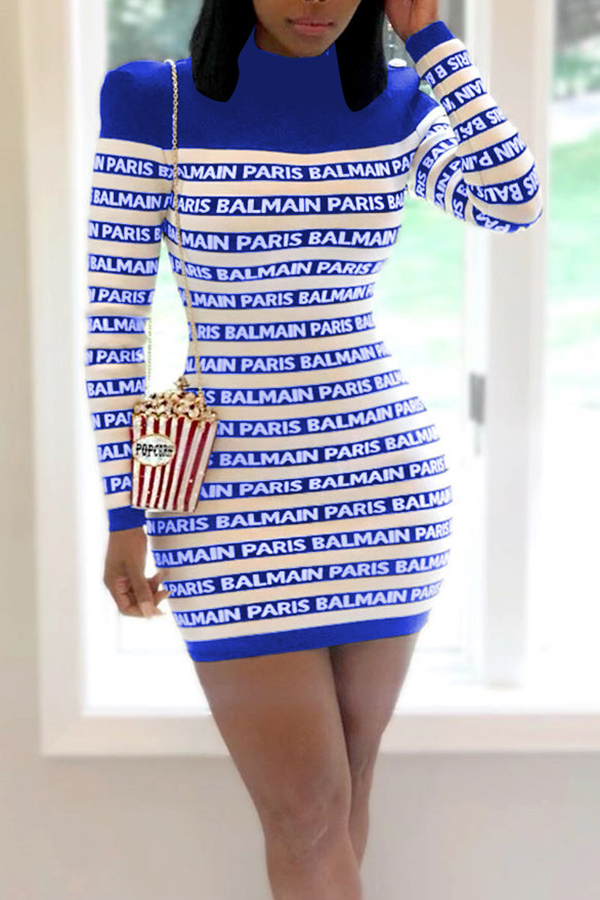 

Lovely Casual Letter Printed Blue Mini Dress