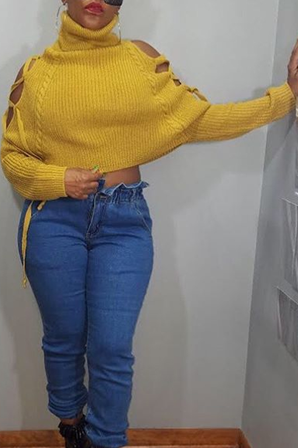 Cheap Sweaters & Cardigans Lovely Casual Turtleneck Hollow-out Yellow