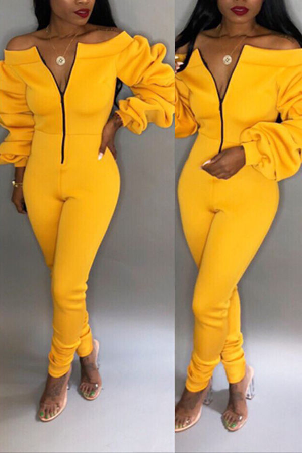 

Lovely Casual Dew Shoulder Black One-piece Jumpsuit, Yellow