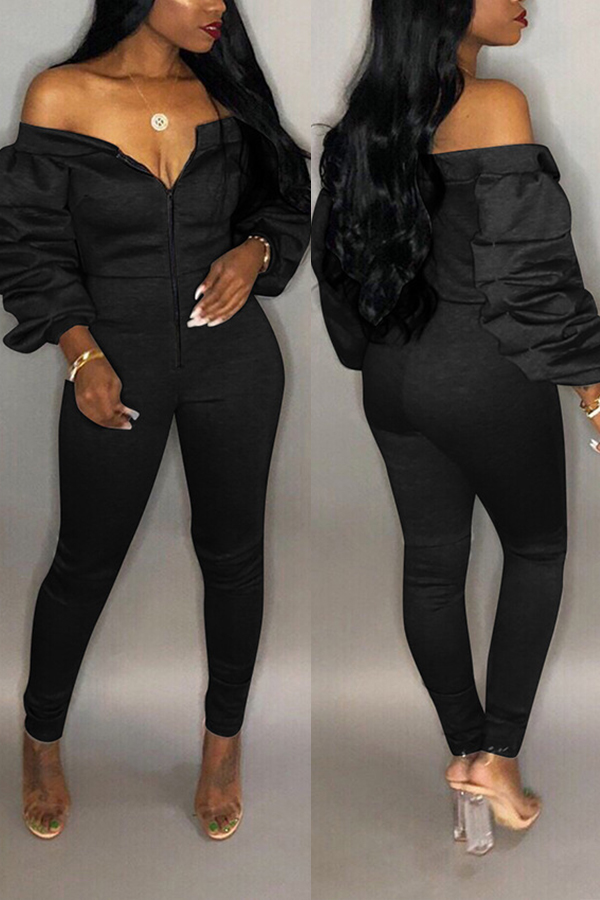 

Lovely Casual Dew Shoulder Black One-piece Jumpsuit