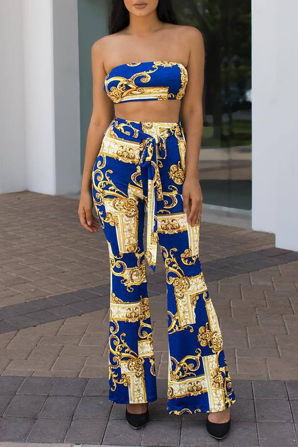 Cheap Two-piece Pants Set Lovely Sexy Printed Blue Two-piece Pants Set