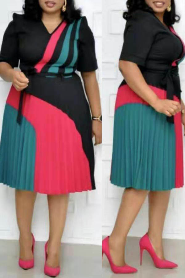 

Lovely Casual Patchwork Black Knee Length Plus Size Dress