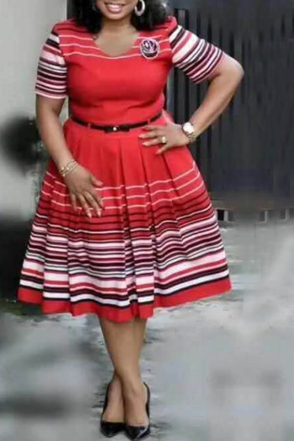 

Lovely Casual Striped Red Mid Calf Plus Size Dress