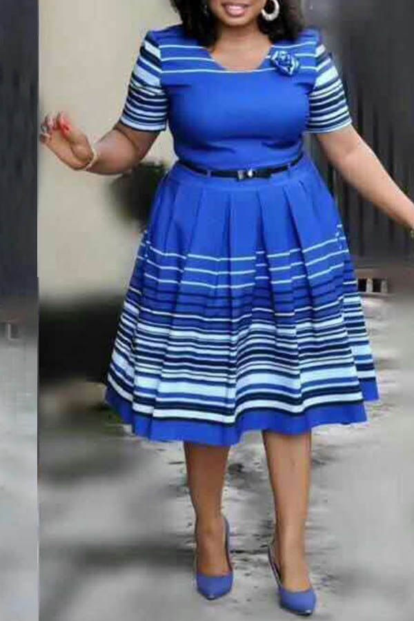 

Lovely Casual Striped Blue Mid Calf Plus Size Dress