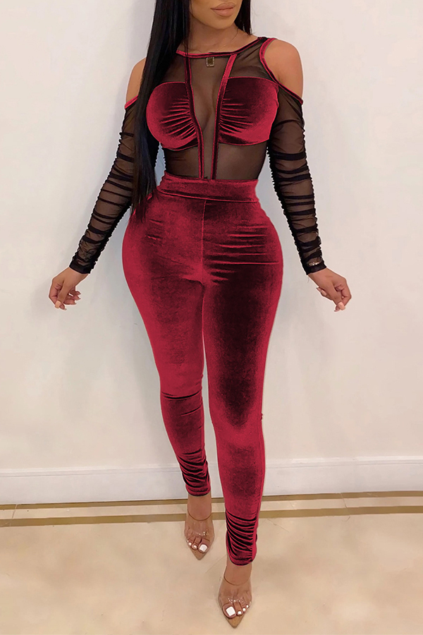 Cheap Two-piece Pants Set Lovely Sexy See-through Wine Red Two-piece P