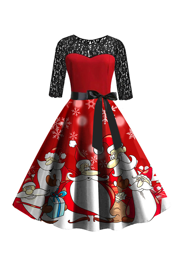 

Lovely Casual O Neck Printed Red Mid Calf Dress