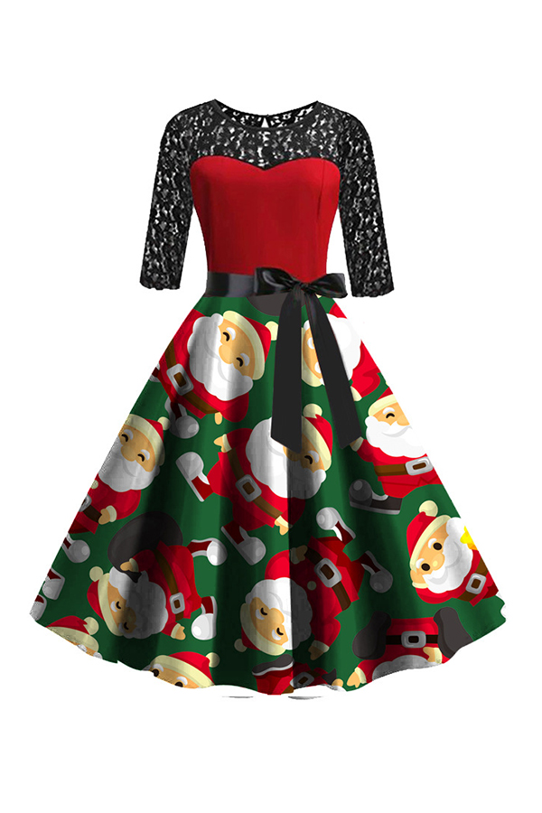 

Lovely Casual O Neck Printed Red Mid Calf Dress