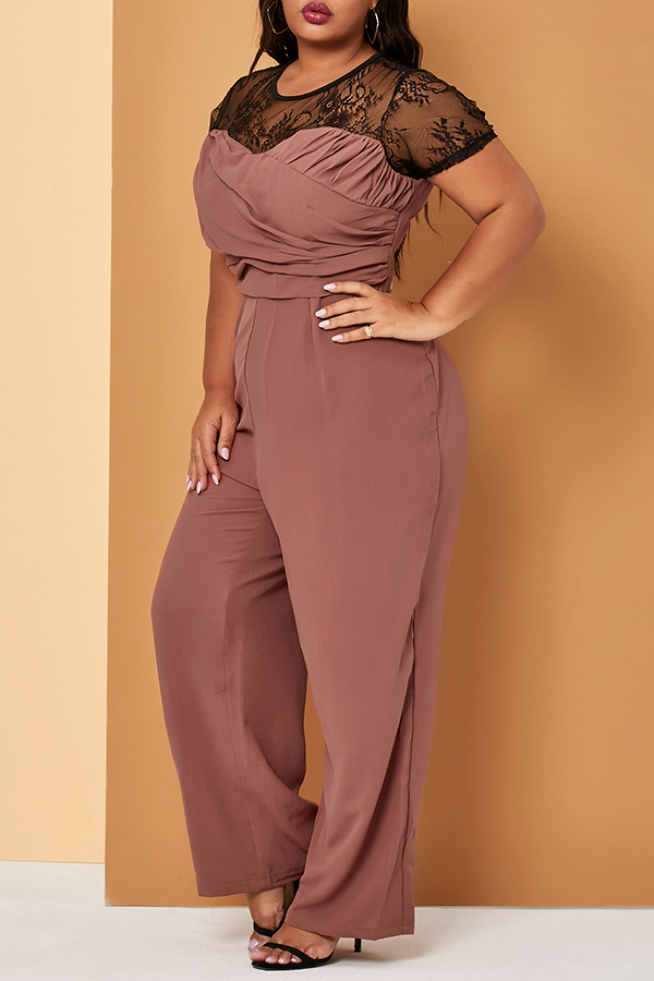 

Lovely Casual Patchwork Brick Red Plus Size One-piece Jumpsuit