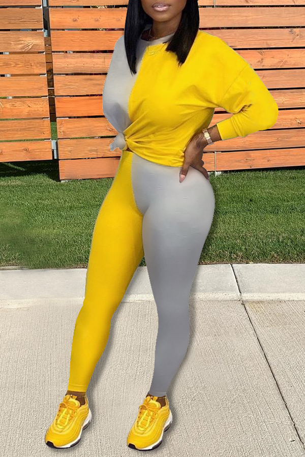 

Lovely Casual Patchwork Yellow Two-piece Pants Set