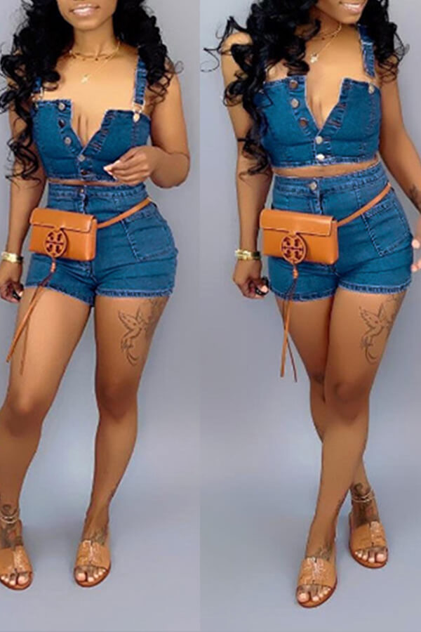 LW SXY High Stretchy Buttons Design Blue Shorts Set