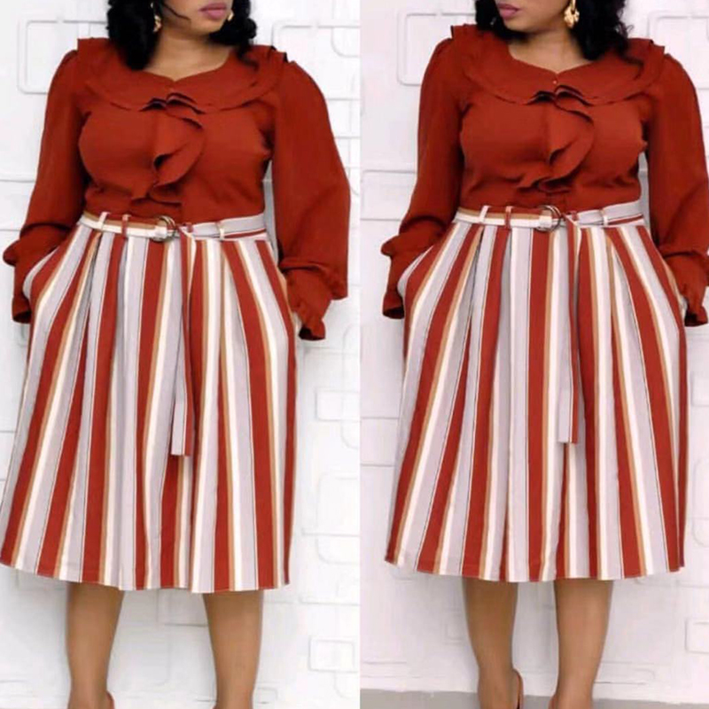 

Lovely Casual Striped Wine Red Mid Calf Plus Size Dress