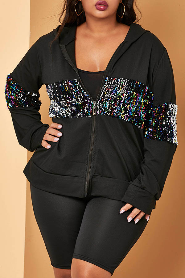 Cheap Plus Size Coat&Jacket Lovely Casual Sequined Black Plus Size Coa