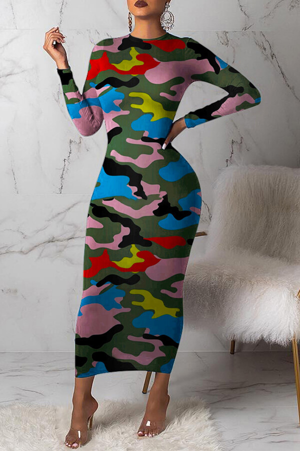 

Lovely Casual Camouflage Printed Multicolor Mid Calf Dress, Multi
