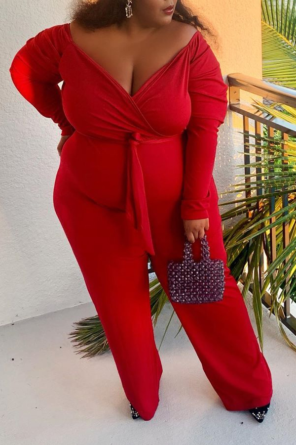

Lovely Casual V Neck Red Plus Size One-piece Jumpsuit