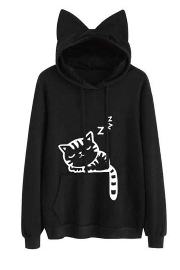 

Lovely Casual Cat Black Hoodie