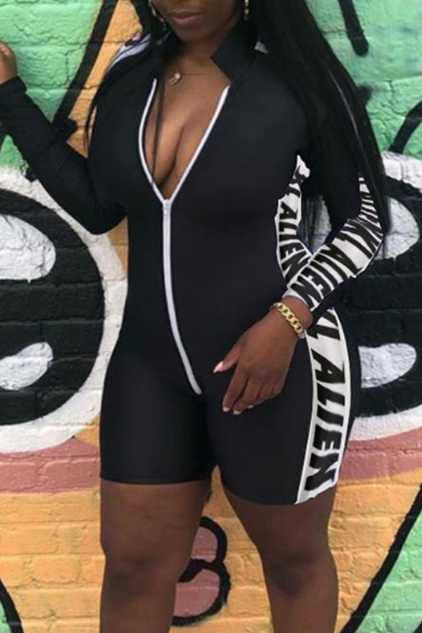 

Lovely Sexy Letter Printed Black One-piece Romper