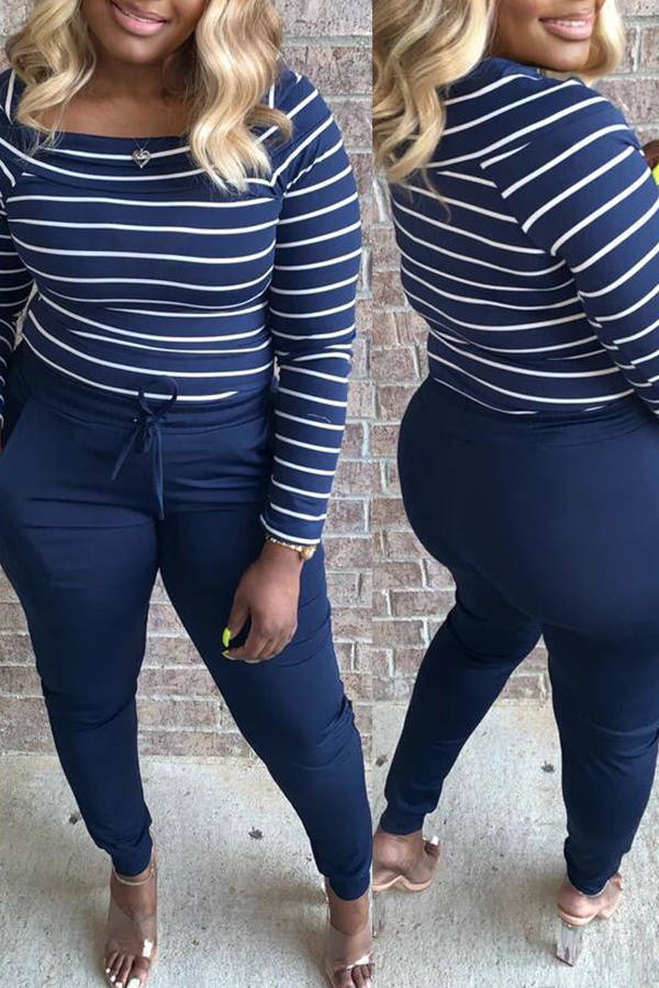 

Lovely Casual Striped Blue Two-piece Pants Set