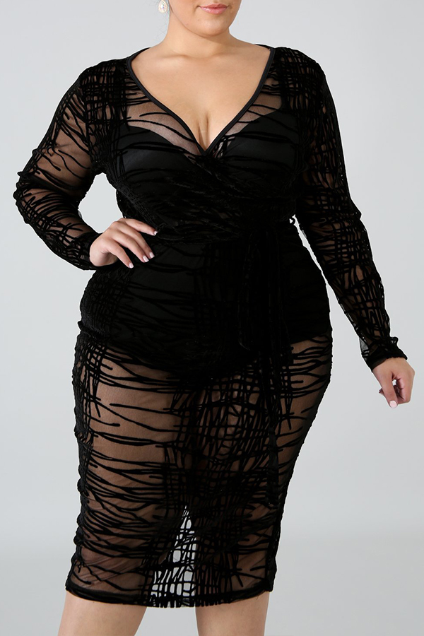 

Lovely Casual V Neck See-through Black Knee Length Plus Size Dress