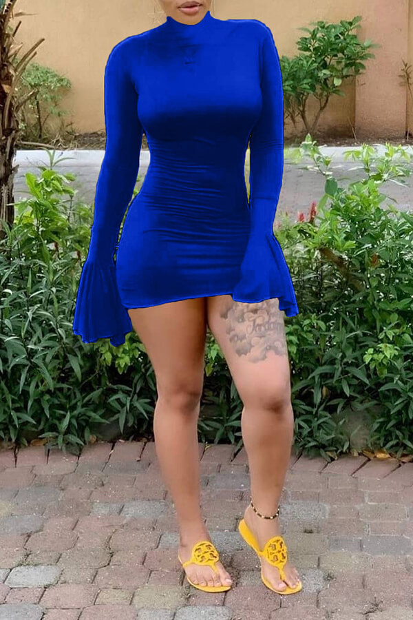 Lovely Trendy Half A Turtleneck Blue Mini Dress