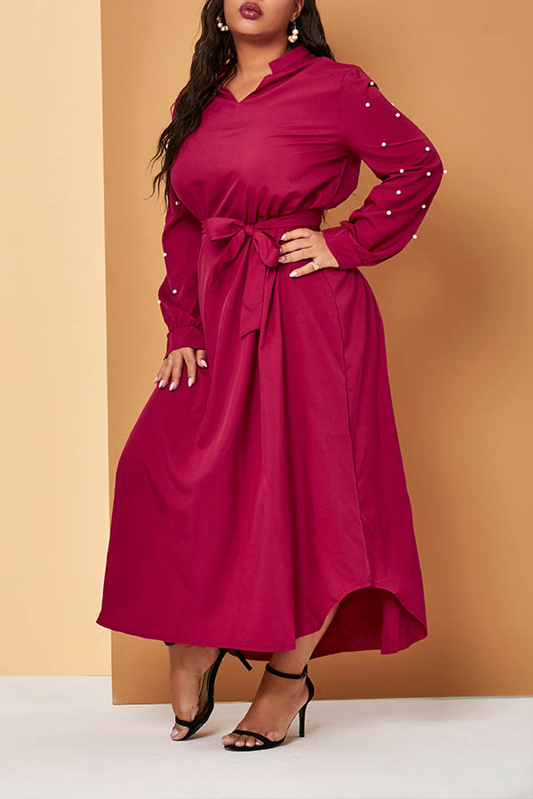 

Lovely Casual Lace-up Wine Red Ankle Length Plus Size Dress