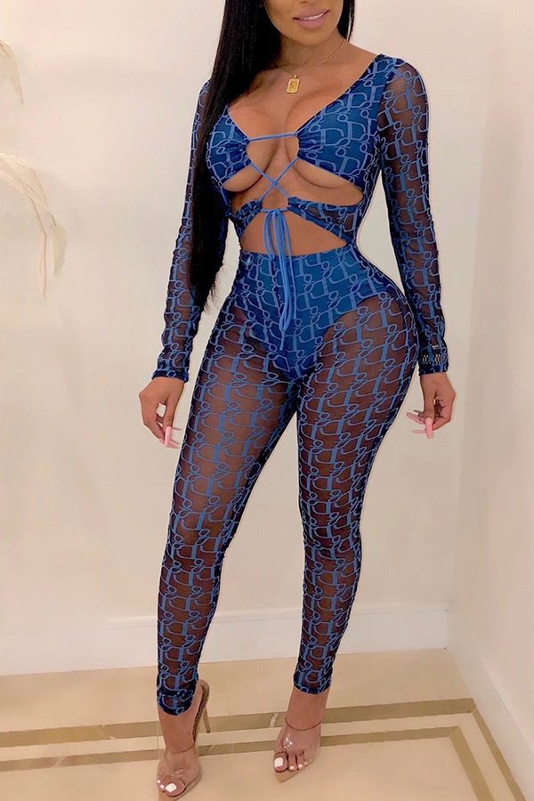 

Lovely Sexy See-through Hollow-out Blue One-piece Jumpsuit