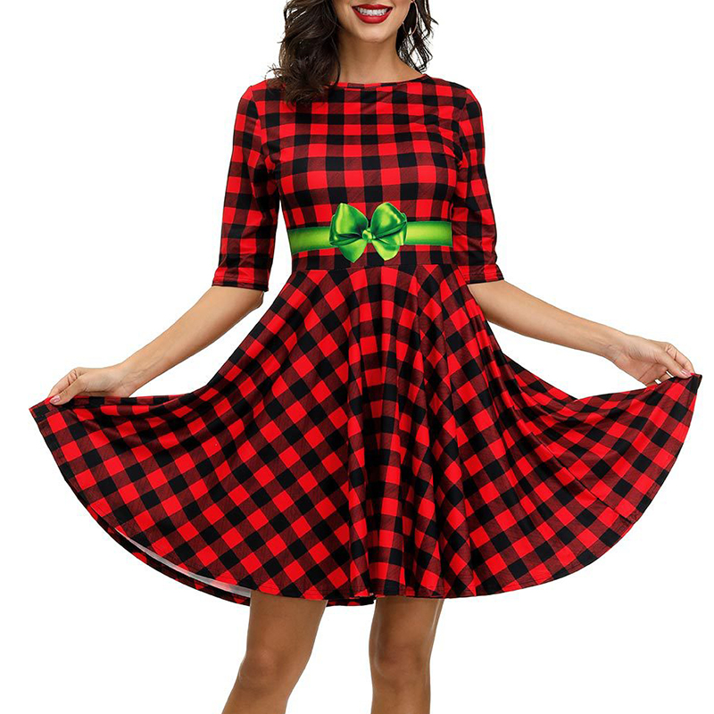 

Lovely Christmas Day Plaid Printed Wine Red Mini Dress