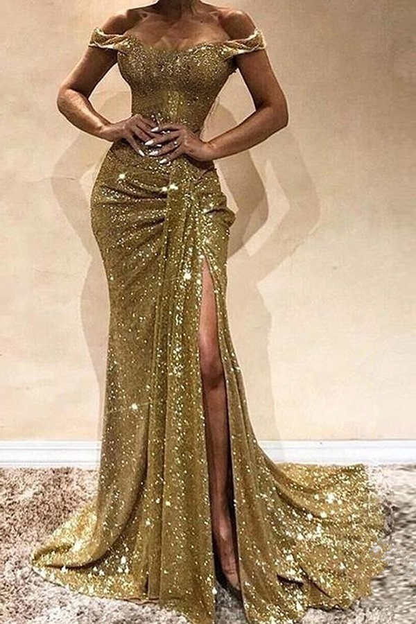 Lovely Party Side High Slit Gold Trailing Evening Dress