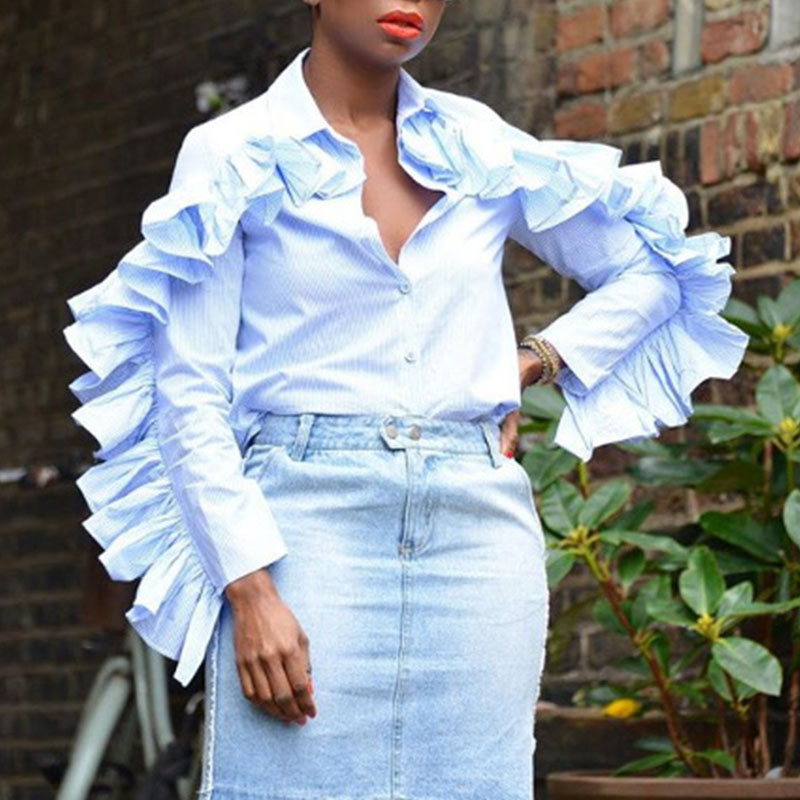 

Lovely Sweet Flounce Design Baby Blue Blouse