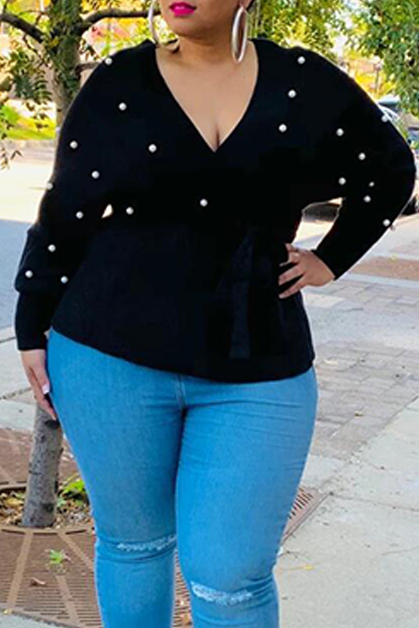Lovely Casual V Neck Black Plus Size Sweater