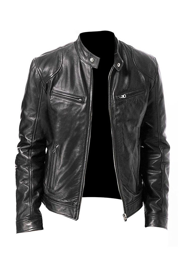 

Lovely Casual Mandarin Collar Black Leather