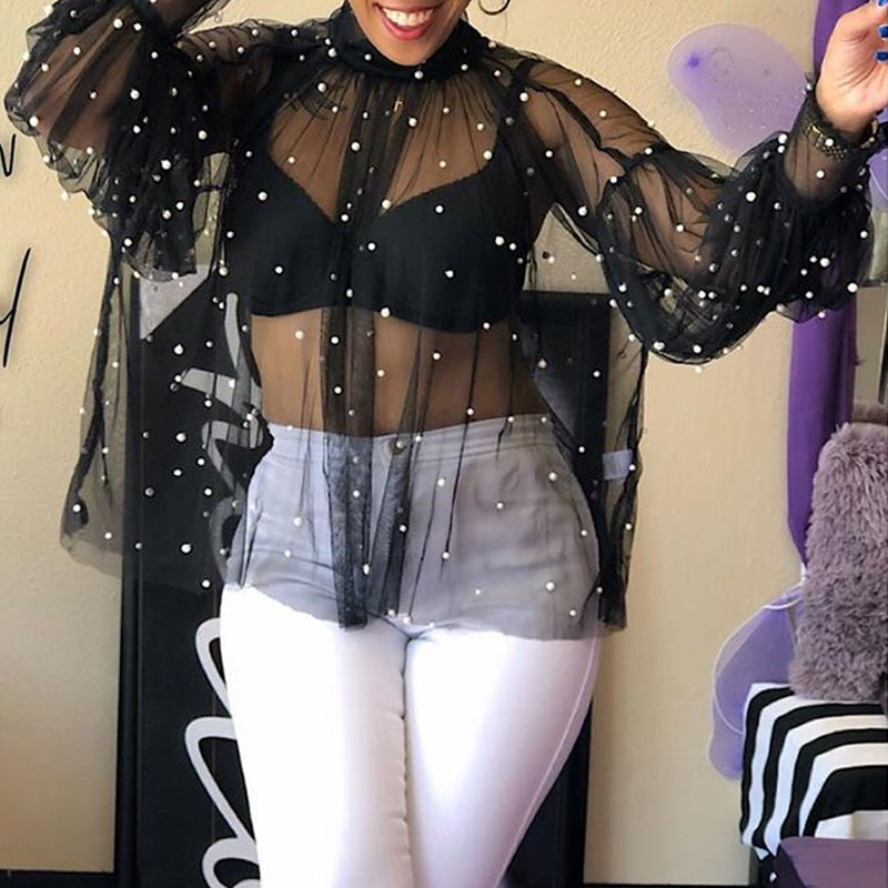Lovely Sexy Turtleneck See-through Black Blouse