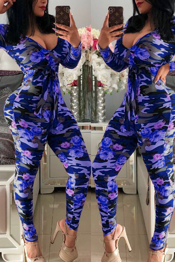 

Lovely Trendy Camouflage Printed Blue One-piece Jumpsuit