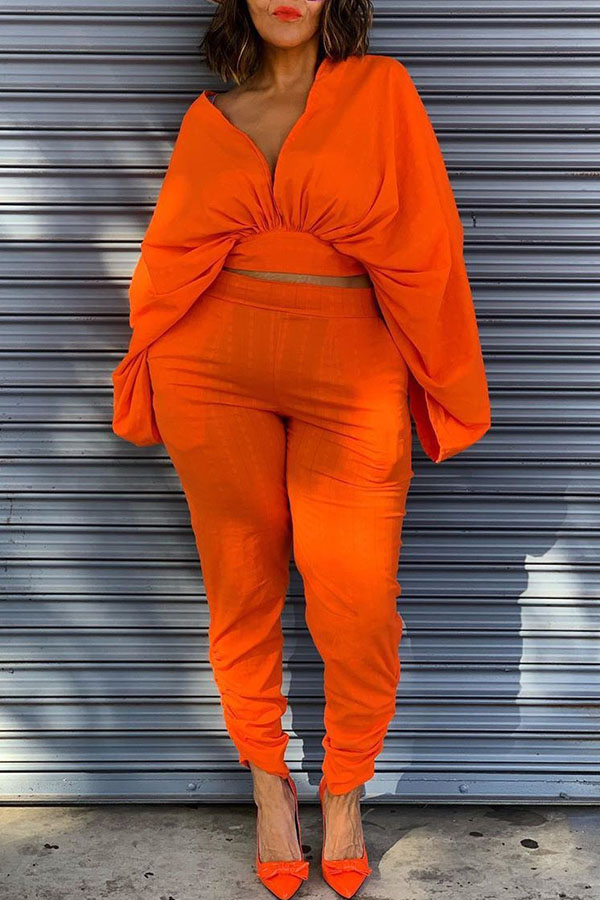 

Lovely Street V Neck Ruffle Design Jacinth Two-piece Pants Set