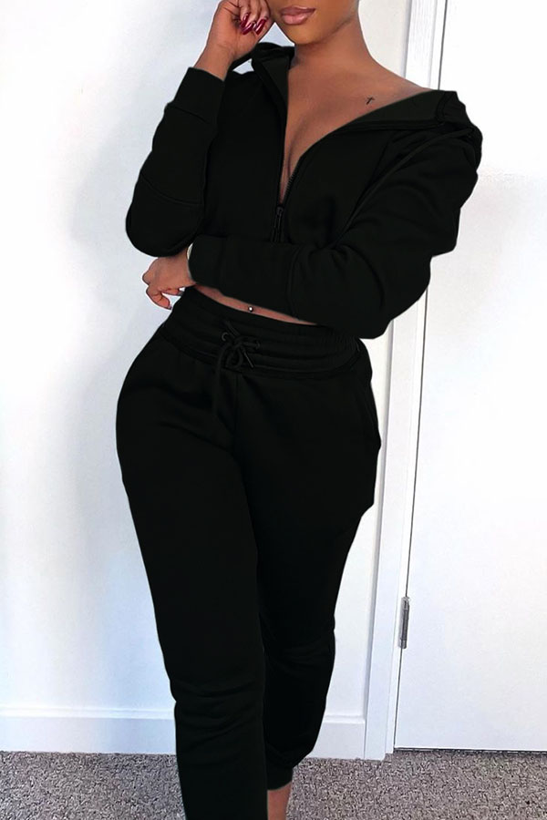 

Lovely Trendy Hooded Collar Black Two-piece Pants Set