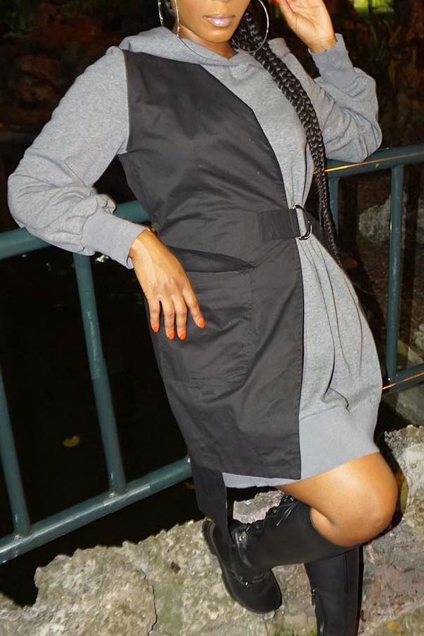 

Lovely Casual Hooded Collar Patchwork Black Mini Dress