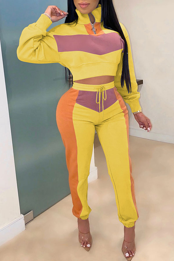 

Lovely Casual Patchwork Yellow Two-piece Pants Set