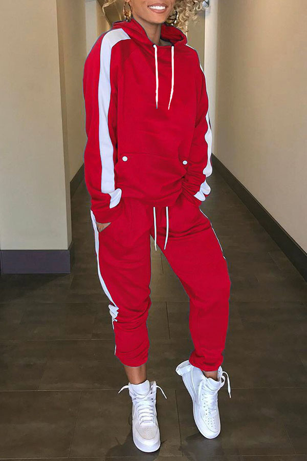 

Lovely Casual Hooded Collar Patchwork Red Two-piece Pants Set